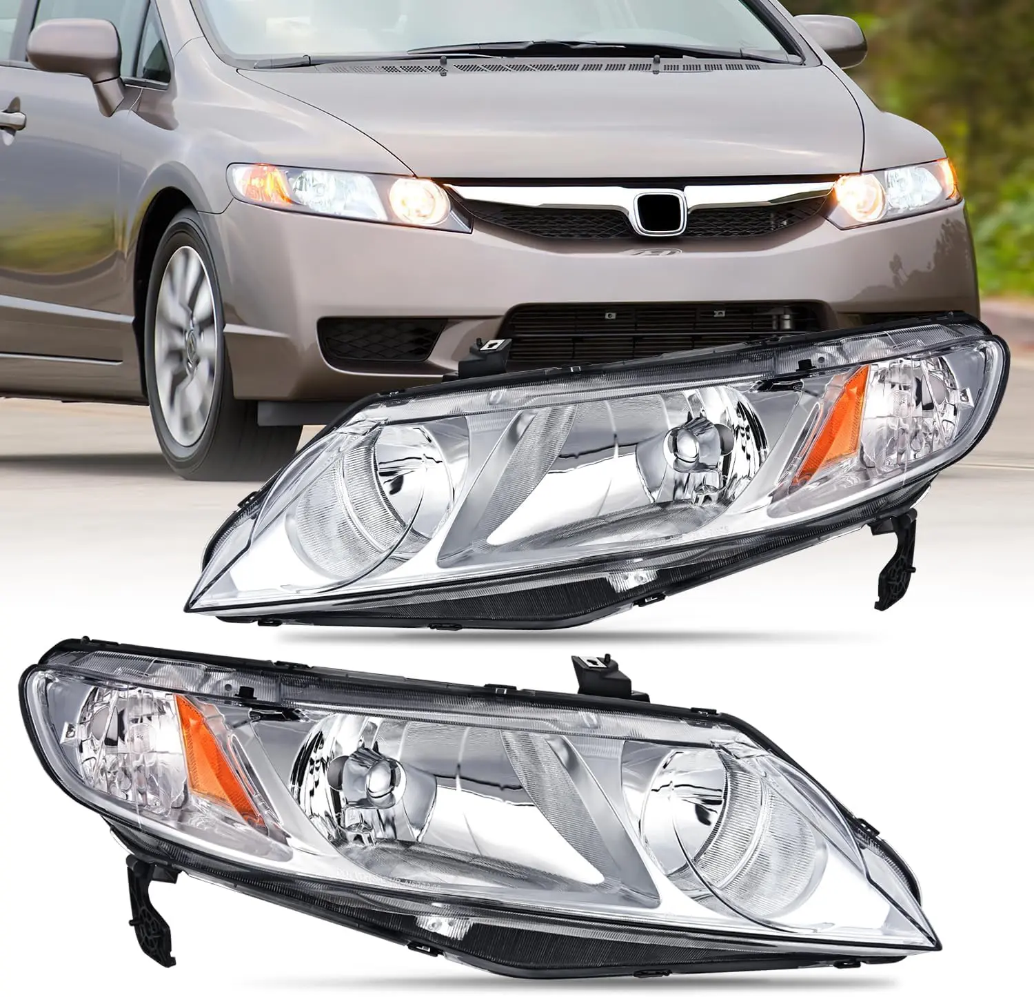 Nilight Chrome Headlights Assembly, Compatible with 2006-2011 Honda Civic 4-Door, Driver & Passenger Side Headlamps Replacement with Chrome Housing, Amber Reflector, Clear Lens