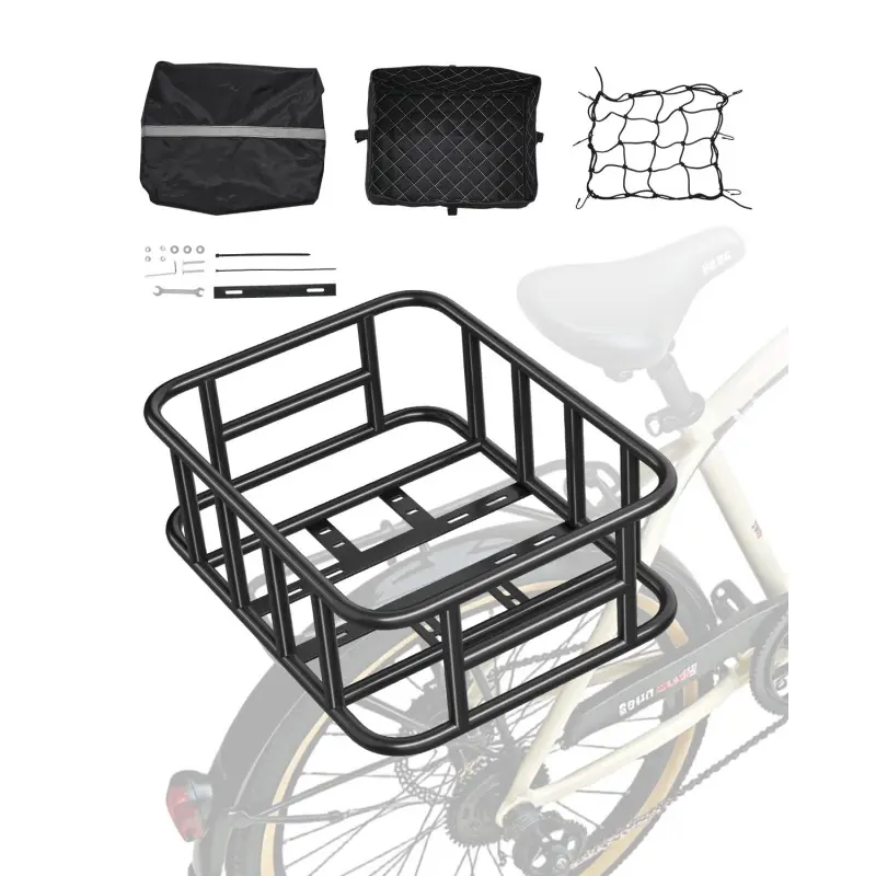 【Summerfinds】VEVOR Heavy-Duty Rear Bicycle Basket for Adults, Unisex Medium Rectangle Metal Bikes Basket, 100 lbs Heavy-Duty Load, 6.2 lbs, 17.1x13.0x6.1 in, W/Cargo Net, Liner, Waterproof Cover, Mount Tools, Ideal for Grocery Carry, Pet Transport