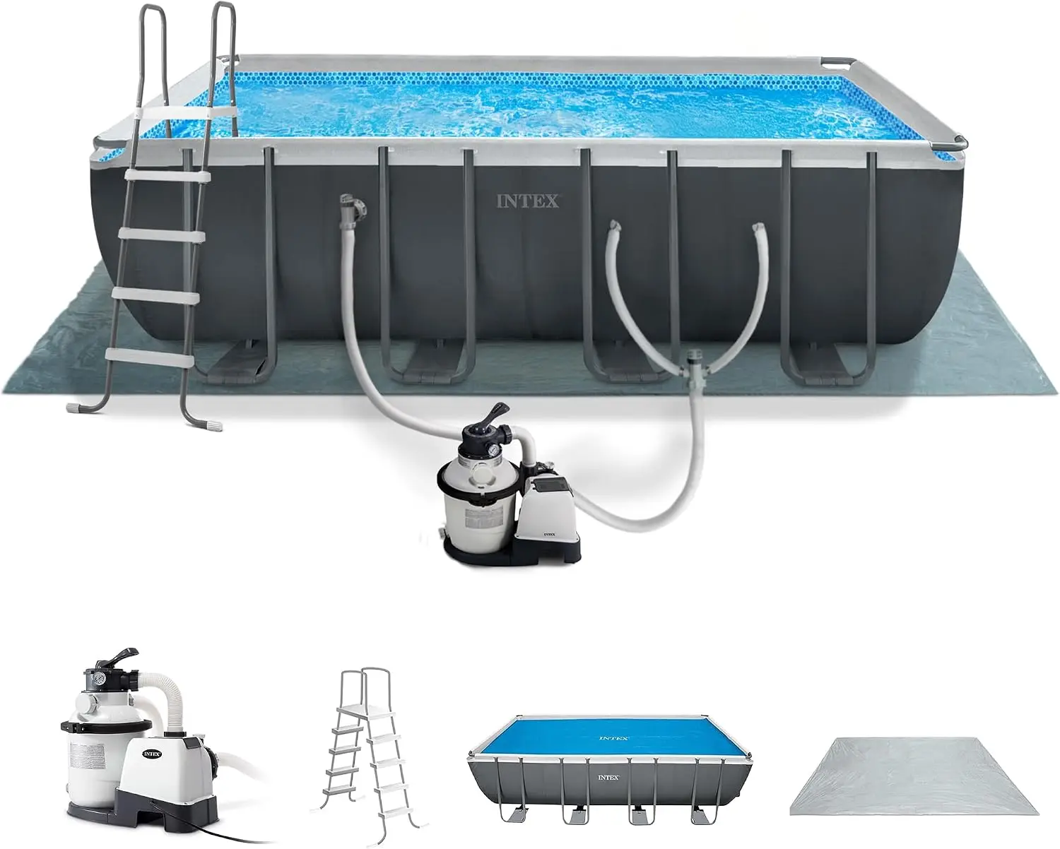 INTEX Ultra XTR 18ft x 9ft x 52in Above Ground Swimming Pool Set Bundle | 26355EH - 1500 GPH Sand Filter Pump, Ladder & Ground Cloth with Solar Pool Cover Included