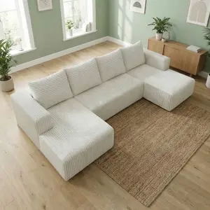 QIMENG U-Shaped Modular Upholstered Sofa Couch - Fixed Arms, Boneless Compressed Corduroy, Memory Foam Modern Sleeper, Convertible Space-Saving Sectional Couch, 3-Package Shipping (White)