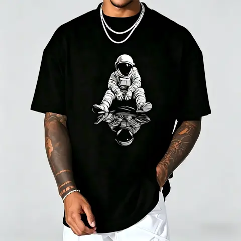 Astronaut Graphic Illustration T-Shirt for Men - Casual Crew Neck Short Sleeve, Soft Breathable Cotton, All-Season Summer Spring Everyday Top, Great Birthday Gift for Space Lovers, Outdoor Daily Wear, Streetwear, Machine Washable