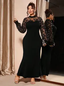 Cravure Plus Size Women's Black High Neck Lantern Sleeve Sequin Fishtail Dress – Elegant Evening & Party Dress