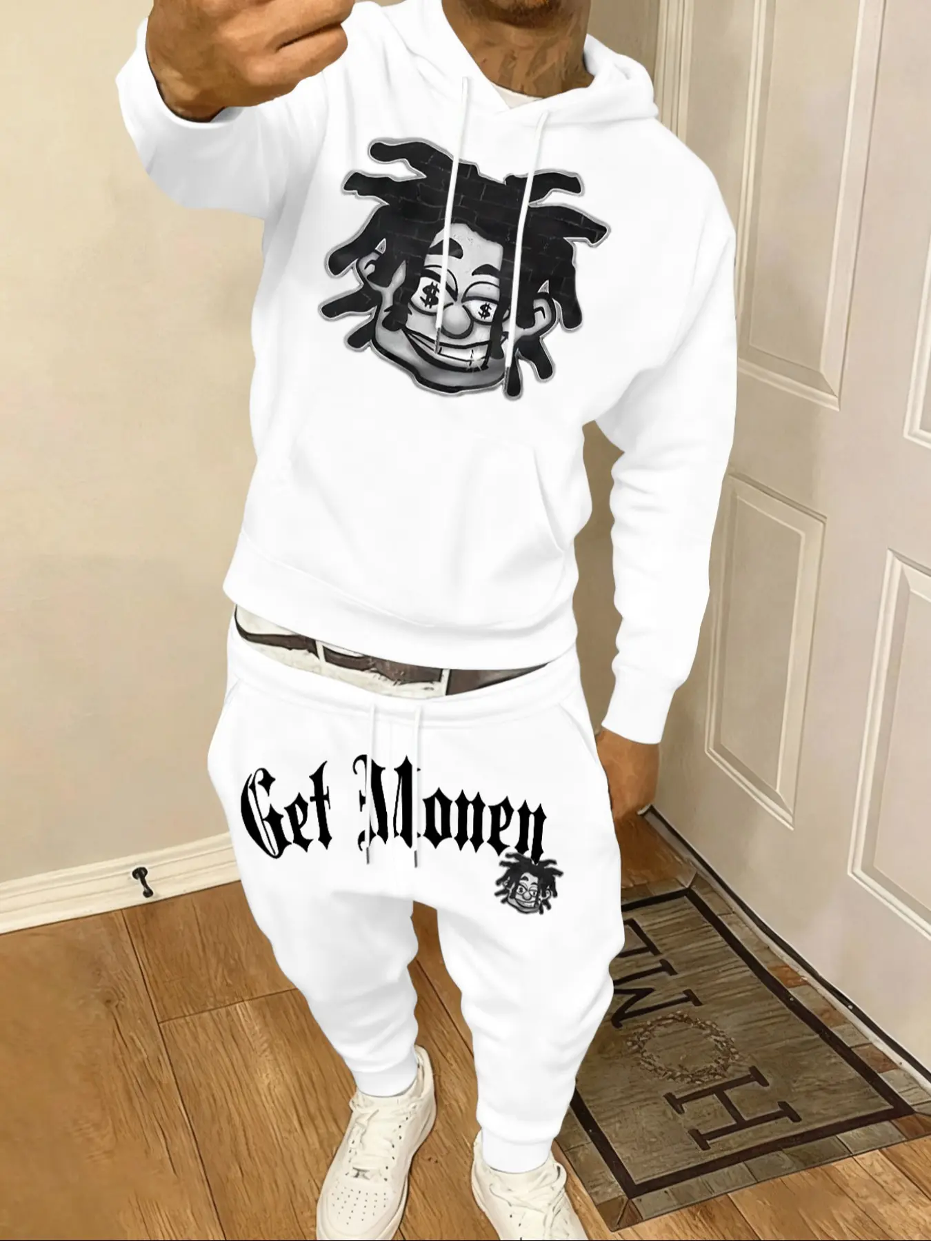 Men's Fall Winter Casual Graphic Sweatshirt Set, Hooded Long Sleeve Letter Print Top + Drawstring Pants, Thicken Fabric, Fitted Style, Pants Set Outfit
