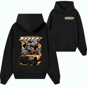 Project Torque Hoodie – Black Pullover Hoodie Featuring Orange Truck and T-Rex Graphic, Bold Racing Style Design for Car Enthusiasts.