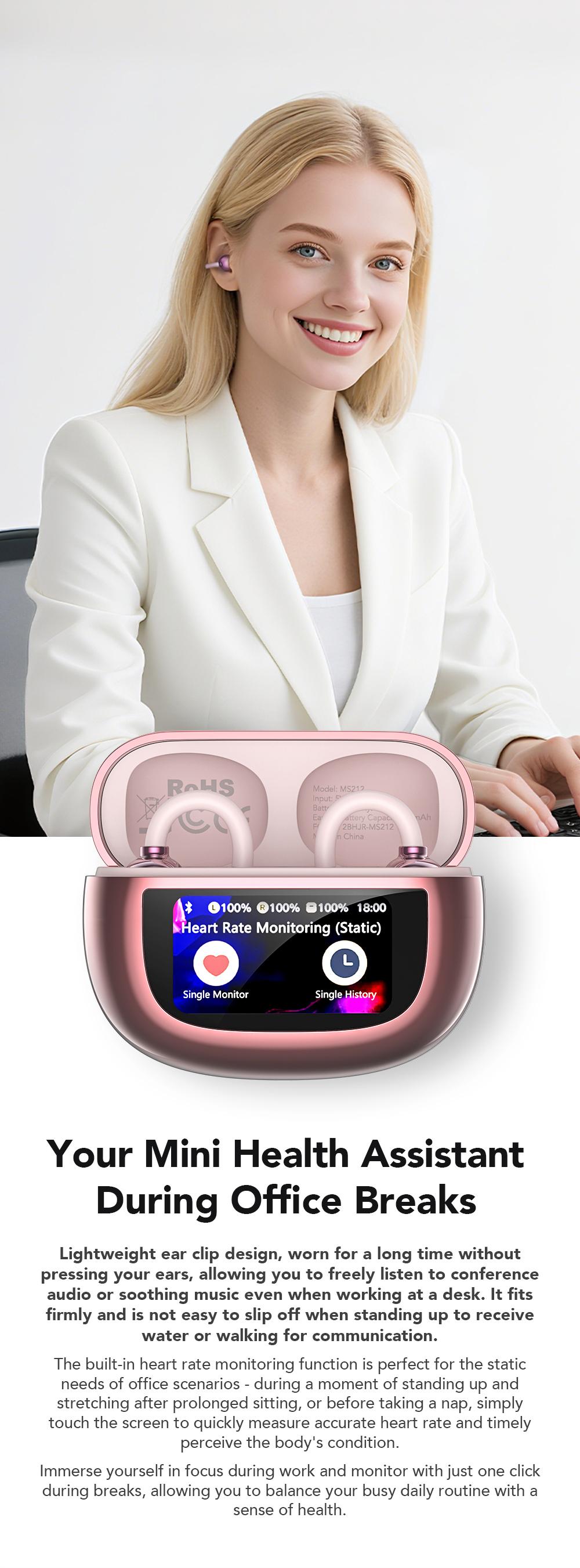 MINISO MS212 Clip-On Ear Headphones with Heart Rate Monitoring Wireless Audio Headphones for Music & Phone Calls, IPX5 Sport Waterproof & Sweatproof, with LCD Full Color Touch Screen, Bluetooth 6.0 Headsets, Heart Rate Health Management MINISO MS212 Clip-On Ear Headphones with Heart Rate Monitoring Wireless Audio Headphones for Music & Phone Calls, IPX5 Sport Waterproof & Sweatproof, with LCD Full Color Touch Screen, Bluetooth 6.0 Headsets, Heart Rate Health Management