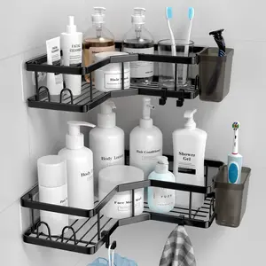 Corner Shower Caddy, 2 Pack Adhesive Shower Corner Organizer Shelves, No Drilling Stainless Steel Shower Storage Rack with Hooks&Toothpaste Holder for Bathroom Kitchen （for 90° Corners Only）