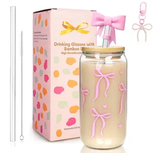 Pink Bow Glass Cup with Straw & Brush & Keychain & Straw Cover, 18oz Cute Glass Tumbler with Lid, Drinking Cup for Home Office Use, Iced Coffee Cup, Decorative Bow Design, Versatile Drinking, Gifts for Women Girls Engagement Wedding Party Festive Supplies