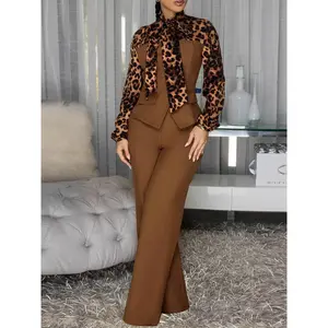 Women's Elegant Two-Piece Set, Leopard Bow Blouse and Solid Color Pants, Casual Sexy, Slight Stretch Fabric, Perfect for Fashion Occasions