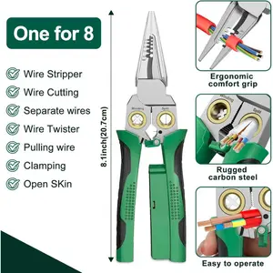 Multi-Function Wire cutting Stripper, Pliers, Wire Cutters (with Voltage Detector and Dual Alarms gift ) Electrician's Specialized - Heavy-Duty 12-250V AC/DC Tester, Electrician's Maintenance Tools kit set (Green)