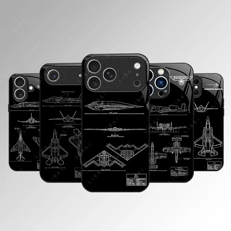 US Military Fighter Jets Blueprint Phone Case B2 Spirit F22 Raptor A10 Warbog F4E Phantom II F-35 Lightning II F-15 Strike Eagle Military Aircraft Cover Bomber For iPhone 17/16/15/14/13/12/11 Air Pro Max 995