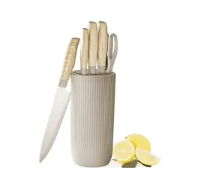 6 Piece Beige Knife Set, Kitchen Knives Block Sets with Healthy Anti-Rust Coating, Stainless Steel Chef Knife Set Dishwasher Safe, Perfect Holiday Gifts for Kitchen
