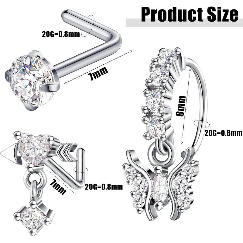 48 Pcs Dangle Nose Rings for Women Nose Piercings Jewelry Studs Hoops with Charm Stainless Steel Indian Nostril Rings for Women