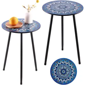 Metal Outdoor Side Tables Set of Two Small Outside Round End Table for Patio Modern Accent Garden Corner Table for Small Spaces, Balcony, Porch, Weather-Resistant, Plant Stand Indoor, Blue