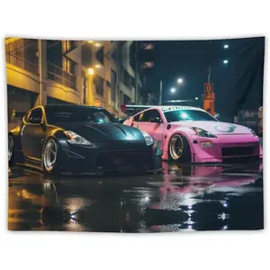 Velvet Tapestry, JDM 370Z Car Print Peach Velvet Single-Side Wall Hanging, Black and Pink Japan Rainy Season Street Parking Design, Multi-Size Indoor/Outdoor Hand Washable Home Decor, Valentine's Gift for Boyfriend