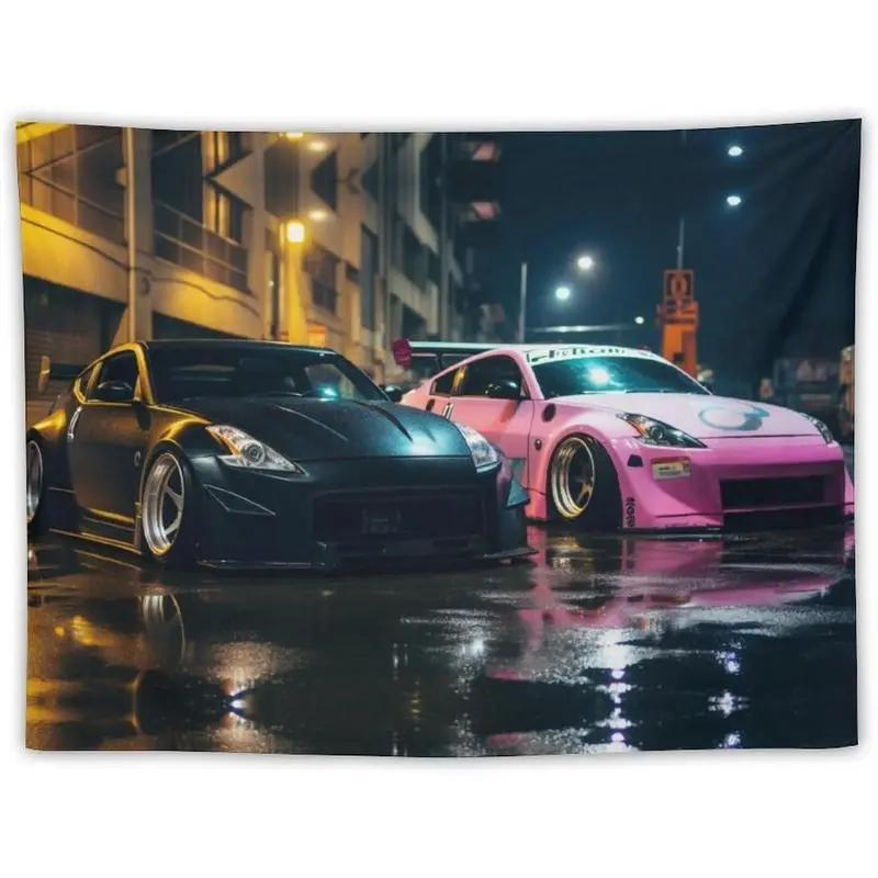 Peach Velvet JDM Automobile Wall Tapestry - 40x30in Single-Side 370Z Car Print Decorative Art, Black & Pink Japan Rainy Season Street Parking Design, Multi-Size Hand-Washable Home Decor, Valentines Day Gift for Boyfriend, Outdoors Usable