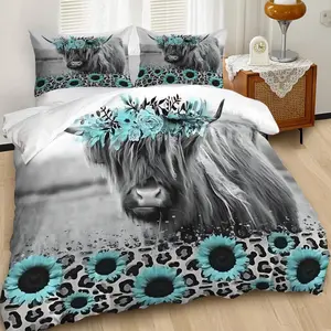 Black White Gray Tiffany Blue Highland Cow 2/3pcs Duvet Cover Set,fluffy Dense Bedding Set, Black White Gray Tones Sophisticated Textured,Soft&Cozy,Stylish Country Bedroom Makeover!Includes 1 or 2 Pillowcase -No Filling/Zipper Closure.