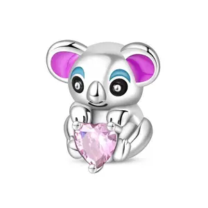 925 Sterling Silver Pink Heart Koala Bear Charm Beads, Compatible with European Charm Bracelets, Ideal for Gift Necklaces, Gift Necklace, Charm Bracelet