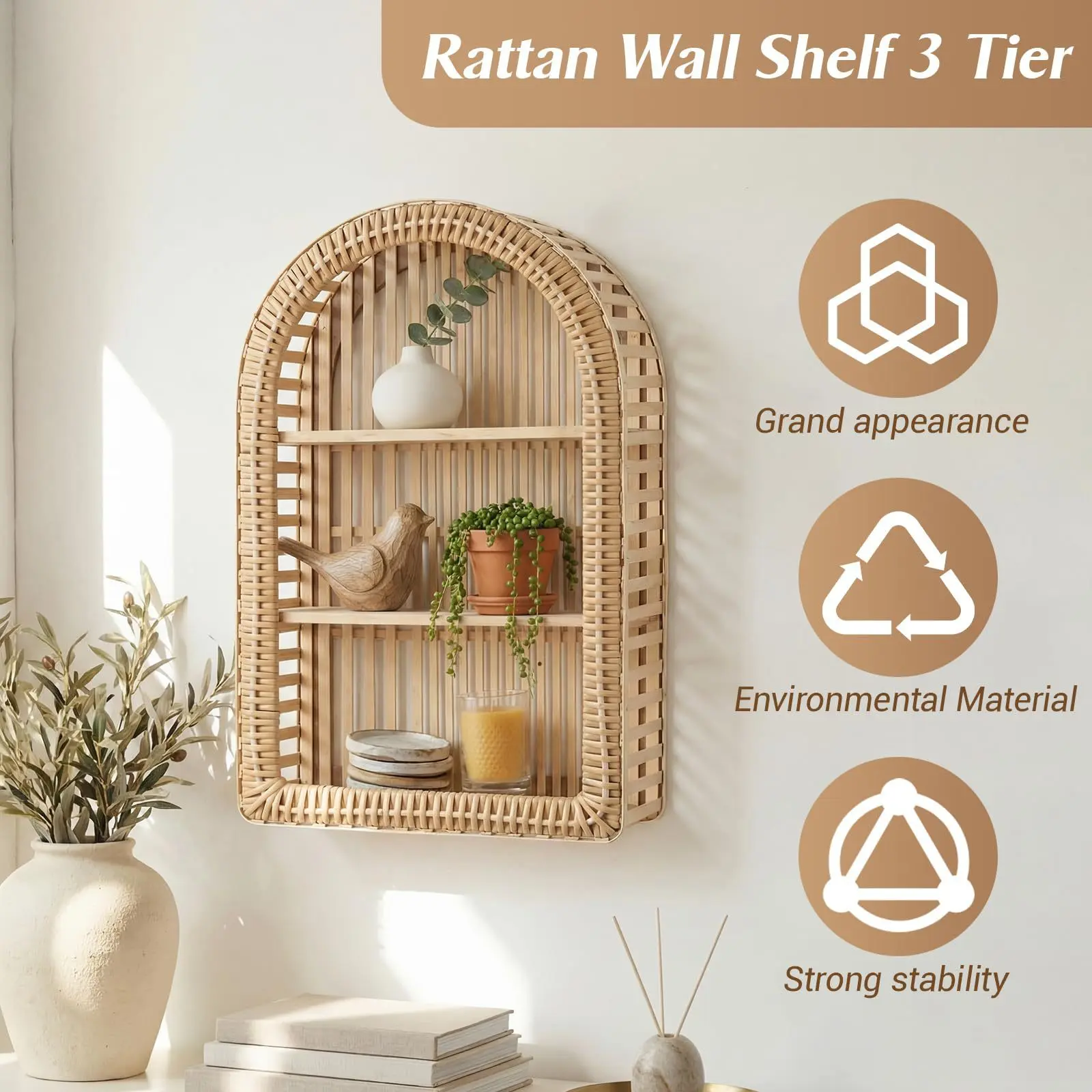 3-Tier Rattan Floating Shelf, Bamboo Arch Storage Rack, Wall-Mounted Home Organizer Shelves for Living Room Home Decor, Floating Shelves