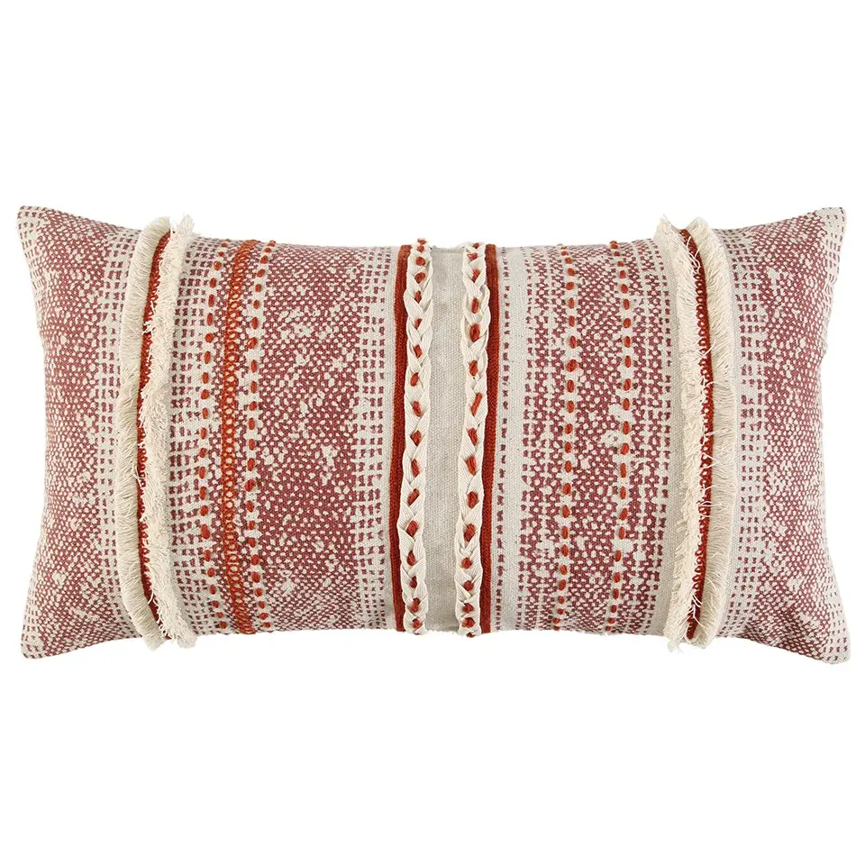 Artisan Cotton Lumbar Pillow - Rectangular, 360-Degree Stand, Earth Tones, Brown & Beige Textural Bands, Rust & Natural Embroidered Accents, Fringe, Cotton Fabric, Boho Home Decor, Hidden Zipper, Cozy Corner Couch Pillow