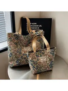 Large Capacity Floral Canvas Bag, Fashionable Versatile Shoulder Handbag Ins Student Class Bag Female, Canvas Tote Bags, Canvas Work Tote