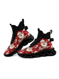Women's Christmas Print Lace Up High Top Sneakers, Casual Comfortable Breathable Lightweight Sports Running Shoes, Female All-match Round Toe Shoes for Daily Wear