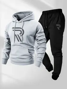 Men's sports two-piece hooded sweatshirt and pants set - gray with black logo, non stretch fabric, regular style, pocket, suitable for autumn and winter, casual wear | hooded sweatshirt | pocket pants,  hooded sweatshirt