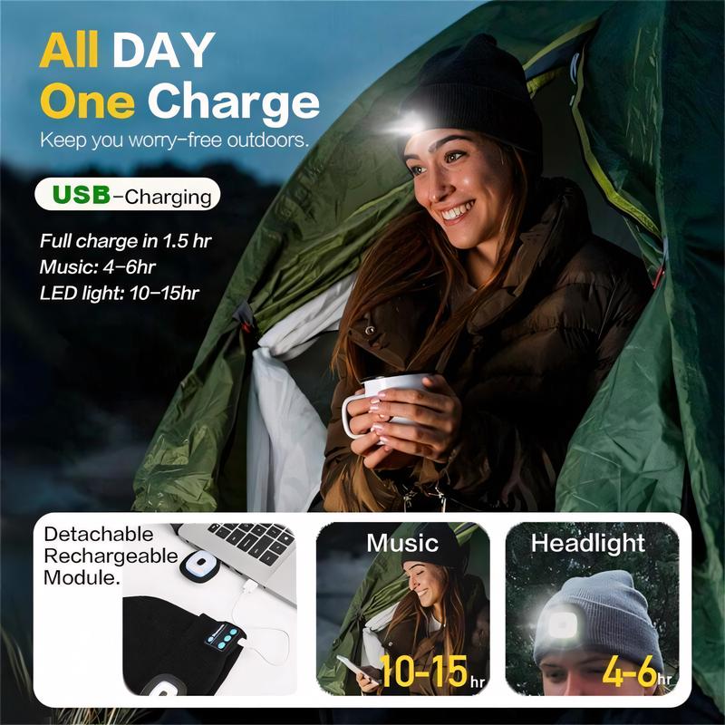 Bluetooth Beanie with Light, Unisex USB Rechargeable LED Flashlight Hat with Cordless Headphones & Built-in Speaker Microphone, Christmas & Birthday Gifts for Men, Husband & Teenagers