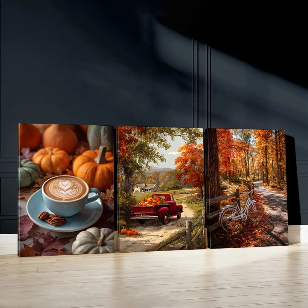 3pcs Pumpkin Season Wall Art, Autumn Leaves Poster, Cozy Fashion Art Prints, Fall Festival Home Decor, Autumn Wall Paintings, Modern Canvas Posters Wall Arts, Decor For Living Room, Restaurant, Kitchen, Bedroom, Gift, With Frame, Set