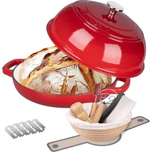 Enameled Cast Iron Dutch Oven Pot with Lid, Bread Oven for Sourdough Bread Baking, Dutch Ovens with Bread Proofing Basket& Baking Supplies Set, 6 Quart, Red