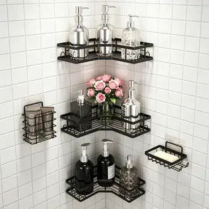 5-Piece Minimalist Stainless Steel Round Shower Organizer Set, Self-Adhesive Hollow Water-Proof Wall-Mounted Caddy, No-Drilling Installation, Large-Capacity Basket for Shampoo, Body Wash, Soap & Toothbrush, Apartment Bathroom Decor