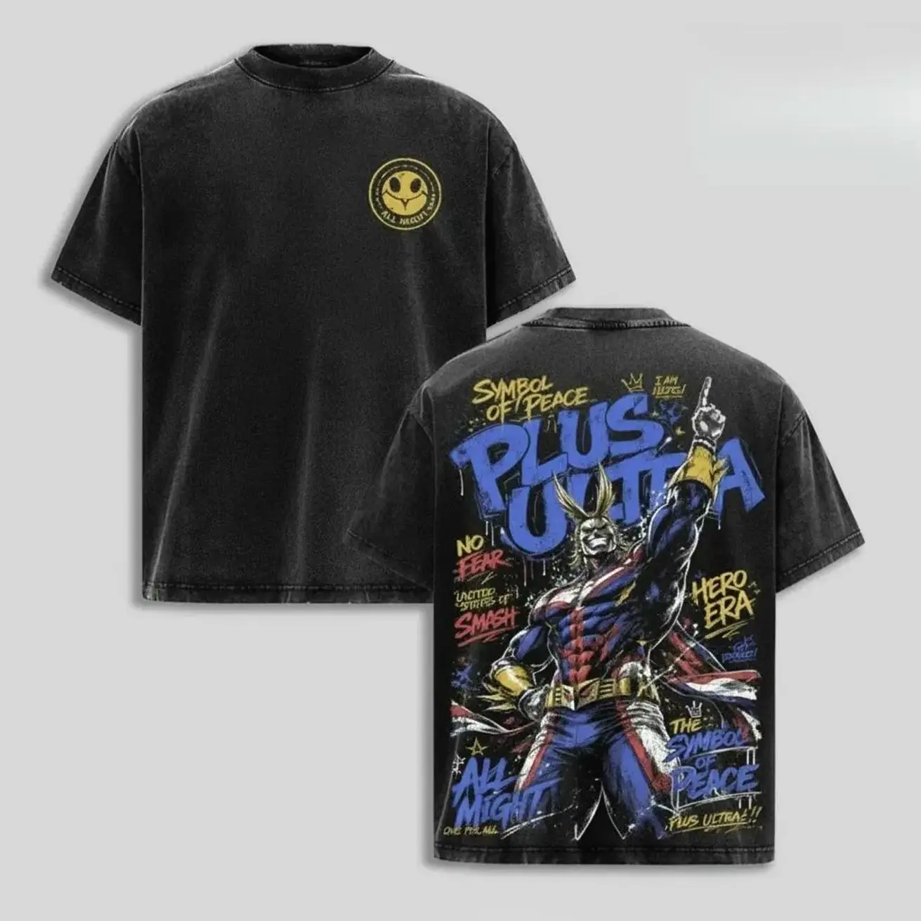 Women's All Might My Hero Academia Aesthetic Seamless Vintage Washed Shortsleeve Clothe, Symbol of Peace Hero Graphic Oversized Heavyweight Cotton Unisex Manga Streetwear Top, Day Wear Gift for MHA Fans HFV