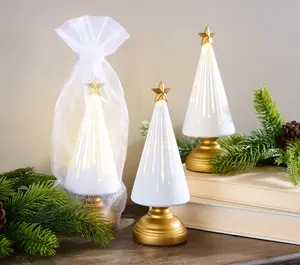 Set of 3 7.5" Starry Night Trees with Sheer Bags Twinkling Light Goldtone Resin Base Cutout Streaming Star Design Indoor Holiday Decor