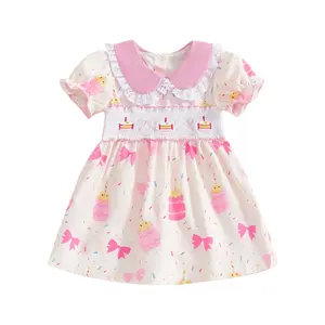 Kids Newborn Infant Baby Girl Summer Dress Doll Collar Cake Embroidery Puff Short Sleeve Smocked A-Line Dresses Toddler First Birthday Sundress