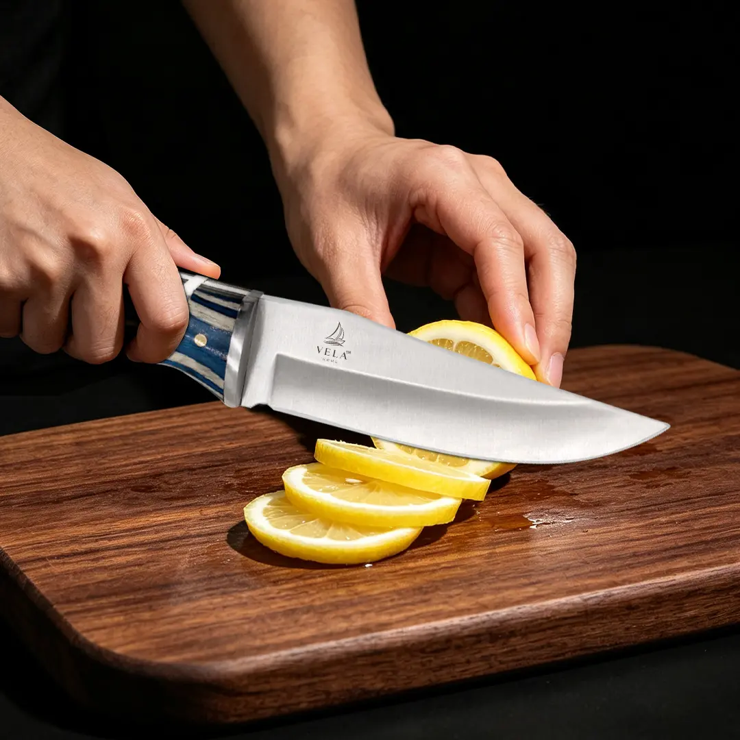 Professional Multi-Purpose Kitchen Butcher Knife - Sharp Long-Lasting Blade, Comfortable Curved Blue Wooden Handle, Ideal for Home Cooking & Daily Food Prep