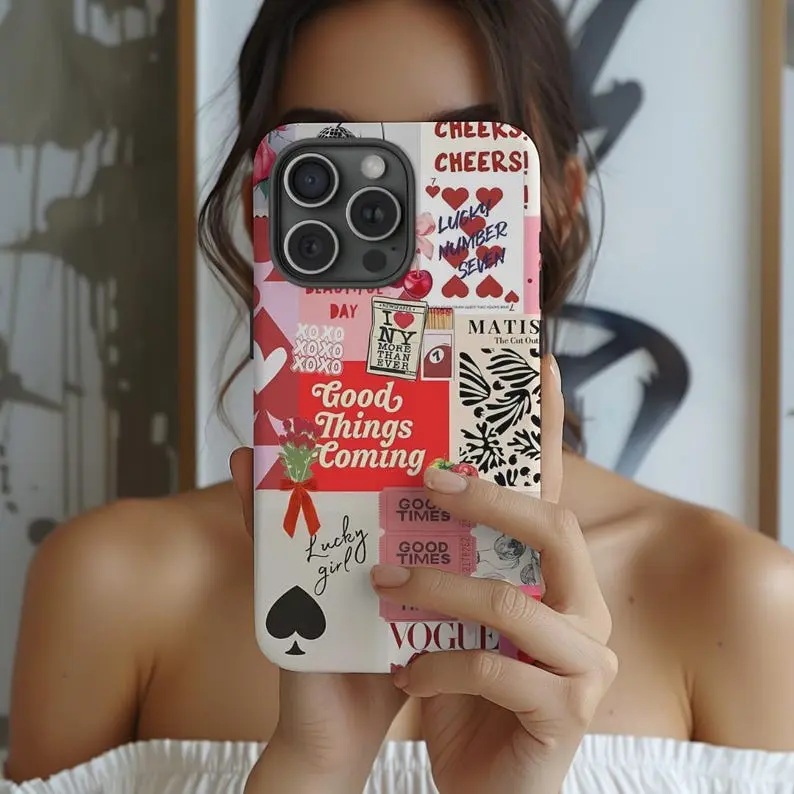 Red Positive Affirmation Collage Phone Case, Coquette Scrapbook Premium Film 2 in 1 Phone Case - Durable, Shock Absorbing and Stylish Protection - Compatible with iPhone 16, 15, 14, 13, 12, 11, Plus, Pro, Pro Max, Perfect birthday gift for friends., Smart