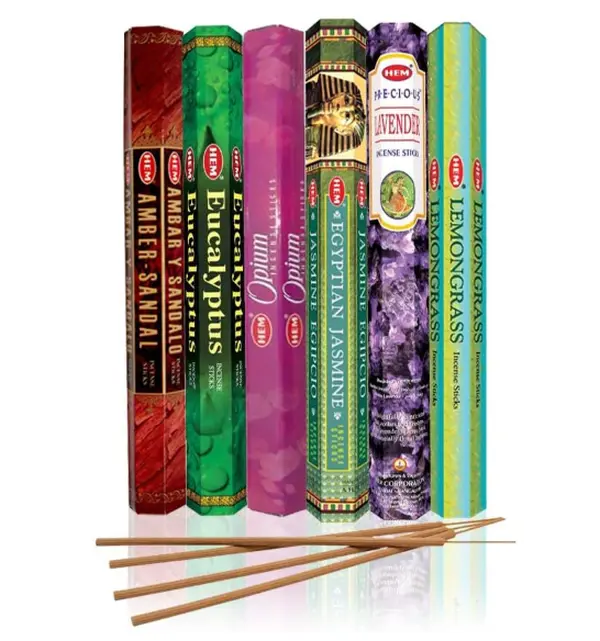 HEM assorted best sellers incense sticks pack of 6 - 120 Sticks, Fragrance - Lemongrass, Lavender, Egyptian Jasmine, Ambar Sandalo, Opium, Eucalyptus