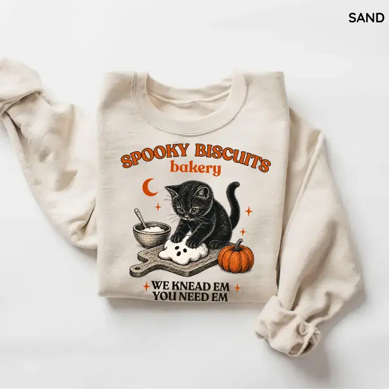 Kitty Biscuits Sweatshirt, Spooky Season Black Cat Halloween Crewneck, Vintage Baking Pumpkin Pullover, Cute Cat Lover Fall Sweatshirt Gift