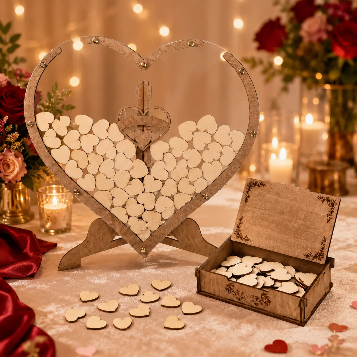 Heart-Shaped Wooden Wedding Guest Book Alternative Set - Blank Hearts, Guest Signatures, Display Stand, Keepsake Box, Wedding Reception Table Decor, Home Decor Accessories, Home Supplies