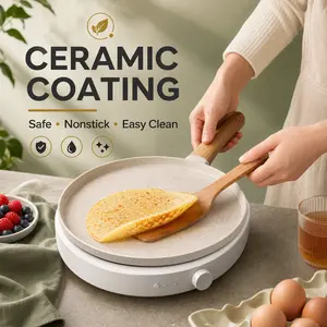 Nonstick Crepe Pan with Spreader, 12-Inch Natural Ceramic Coating Dosa Pan Pancake Flat Skillet Tawa Griddle with Stay-Cool Handle, Induction Compatible (White) Egg
