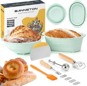Upgraded Silicone Bread Proofing Basket, Sourdough Bread Baking Supplies Set of 2,9 Inch Round & 10 Inch Oval Foldable Sourdough Baking Baskets, Sourdough Starter Kit(Green)