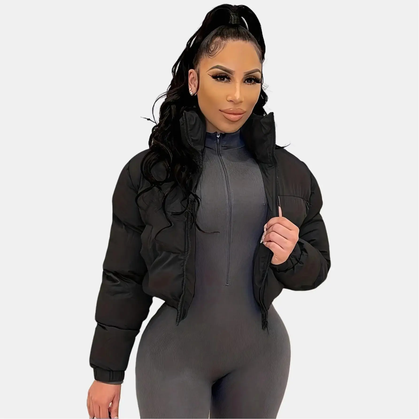 Women's Basic Solid Puffer Coat, Cropped Casual Style with Stand-Up Collar, Splashproof for Autumn and Winter, Jackets, Longsleeves