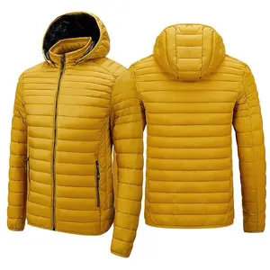Mens Duck Down Jacket Yellow Winter Ultralight Coat with Hood Long Sleeve Nylon Casual Style for Outdoor Use Black Hoodie