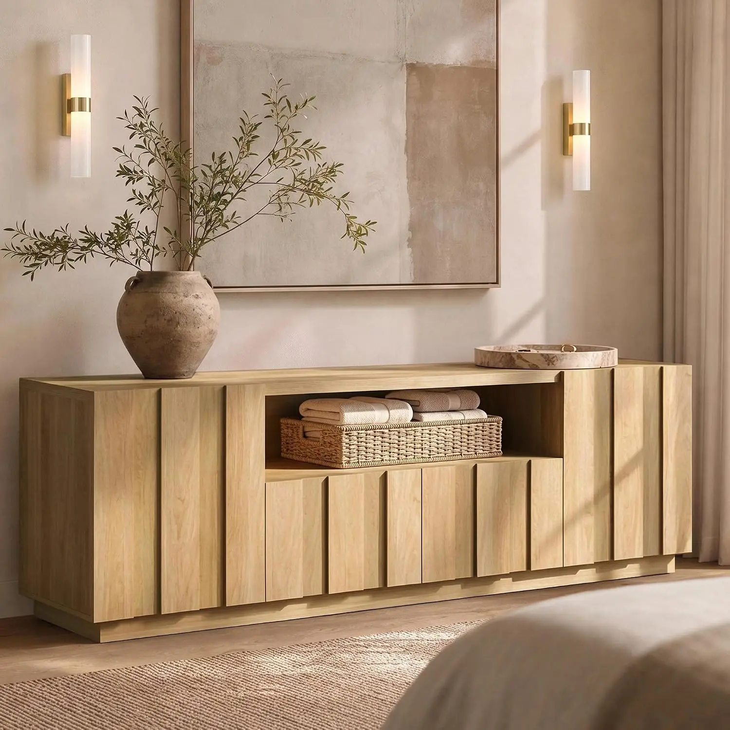 Fluted TV Stand - 78.7-Inch Indoor Furniture with Storage, Fits 80-Inch TVs, Natural Finish