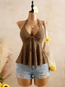 Women's Solid Color Textured Halter Top, V Neck Tie Front Ruffle Hem, Summer Beach Vacation Strapless Blouse, Casual Fashion