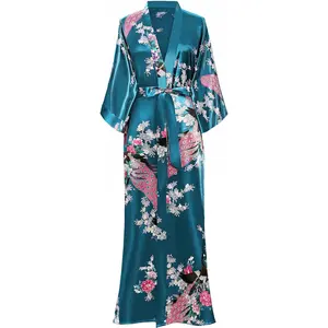 Women's Kimono Robe Long Satin Robes with Peacock and Blossoms Printed Kimono NightgownGift