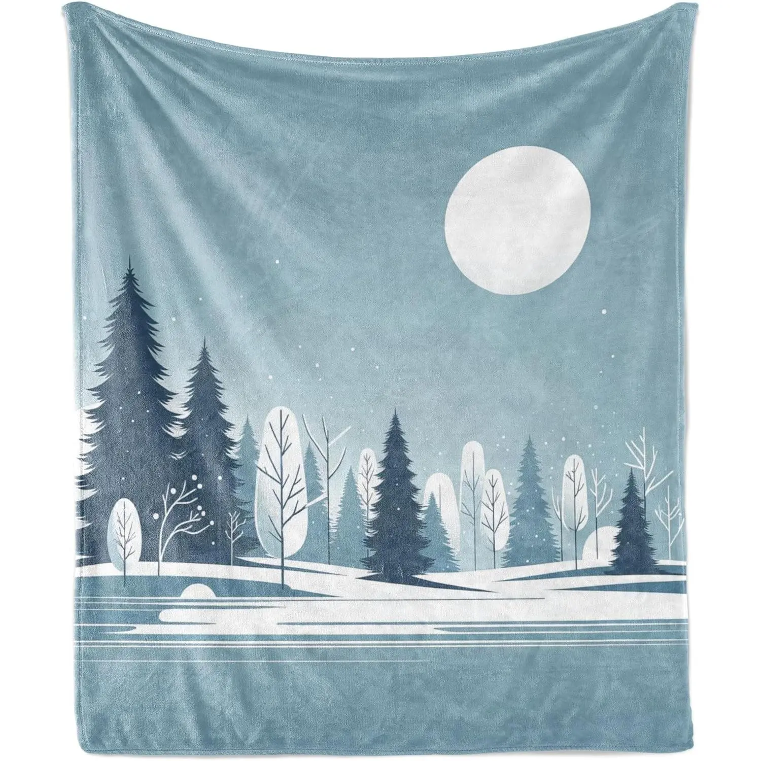 Lunarable Custom Personalized Art Print Winter Throw Blanket, Minimal Cold-Colored Snowy Woodland Trees Forest Night Moon Nordic Concept, Soft Flannel Fleece Couch Cover for Adults, 50" x 70", Pale Cadet Blue, Custom Blanket, Personalized Blankets