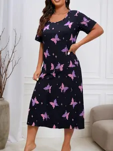 Plus Size Butterfly Print Nightdress, Casual Comfortable Loose Round Neck Short Sleeve Sleepwear, All Seasons Women's Pajamas & Homewear, Loungewear, Plus Size Nightgowns for Women ,Soft Comfortable Sleepwear for girl,Valentine’s Day Gift