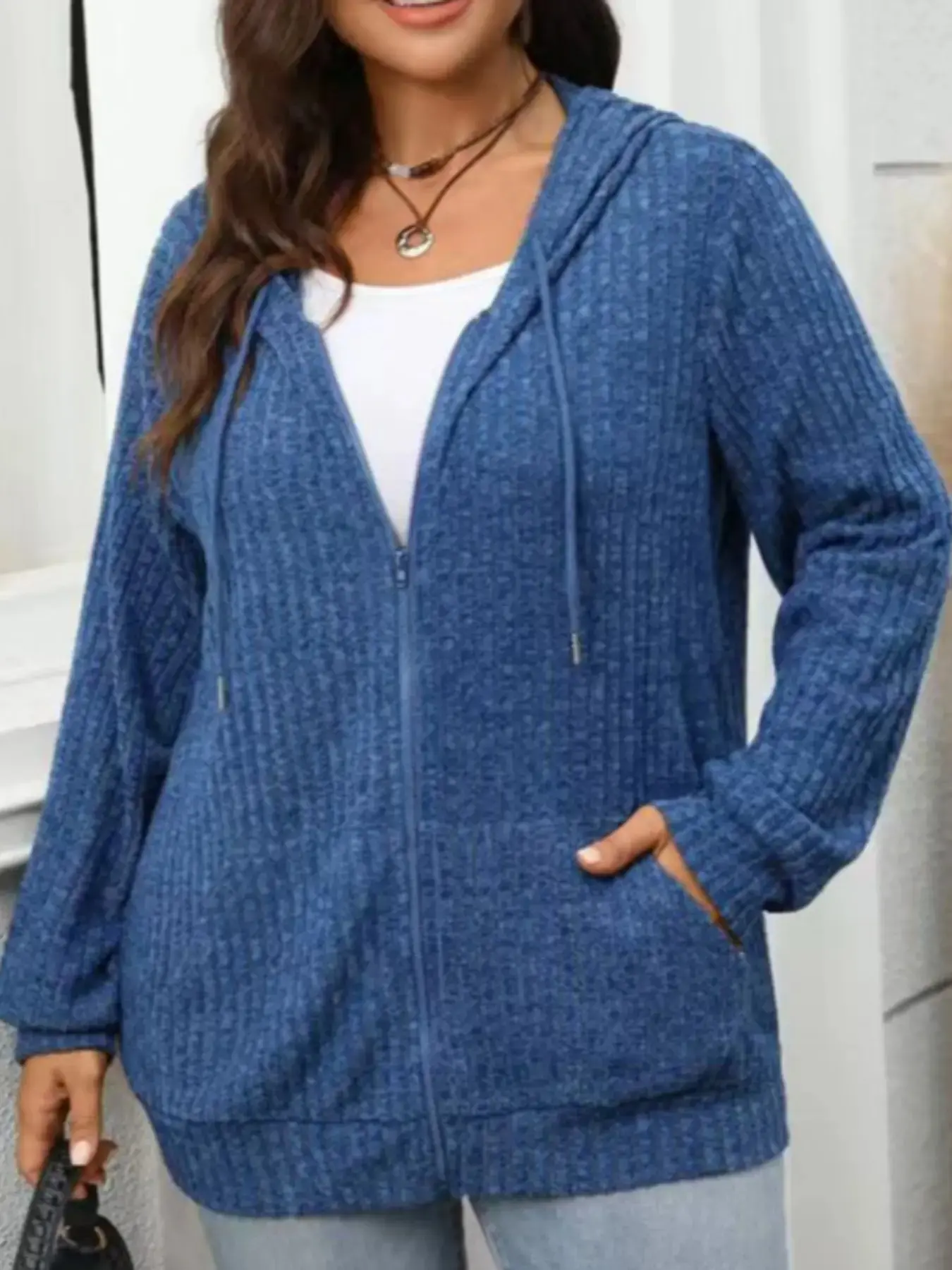 Spring Summer Women's Oversized Knit Hooded Coat, Drawstring Cap Full Zipper Long Sleeve Side Pocket Loose Fit Slimming Casual Sweater