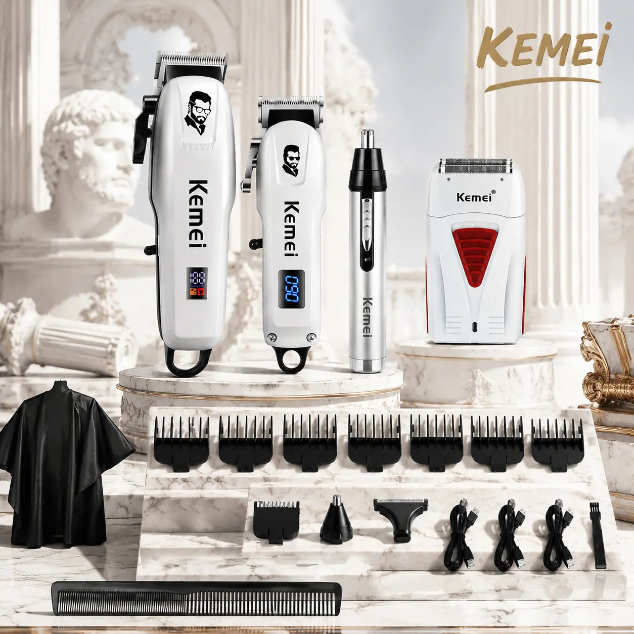 KEMEI Men's 4-Piece Multi-Use Haircut Kit, USB Rechargeable Cordless Adult Grooming Set with Adjustable Blade Hair Clipper, Durable Facial Trimmer, Lightweight Shaver, ABS Body, USB Port, Small Size, Dust Cover for Quick Trim at Home, Face