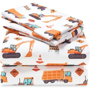 Kids Full Sheet Set Construction Vehicle 4 Piece Soft Microfiber Bed Sheets Deep Pocket Wrinkle Free Cozy Toddler Bedding Set Fade Resistant Breathable for Boys Girls Teens